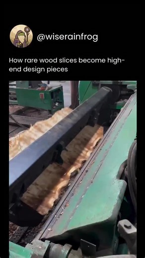 Wise Rain Frog on Instagram: "In woodworking, burr wood (or burl wood) is a prized material known for its unique swirling grain patterns caused by abnormal tree growths. These formations result in intricate designs that are impossible to replicate, making each slice one-of-a-kind. The slicing process shown here uses a rotary veneer lathe, a machine that peels off paper-thin sheets from a rotating log—revealing mesmerizing patterns layer by layer. These delicate veneers are used in high-end furni