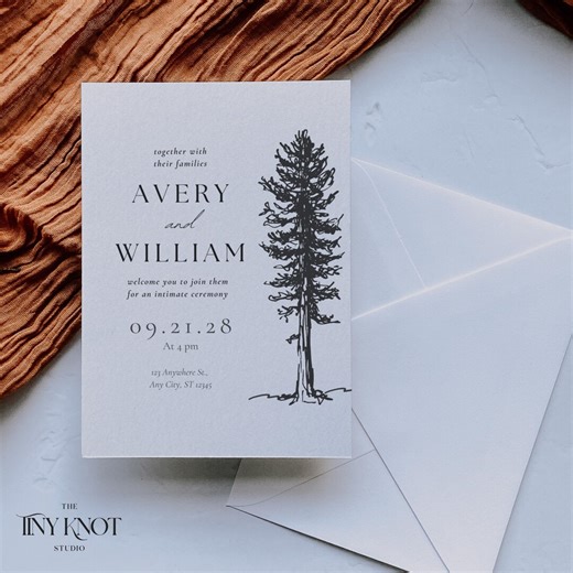 Forest Wedding Invitation Template, Intimate Ceremony Invitation, Minimal Tree Wedding Invite, Editable Canva Template - Etsy