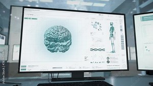 Brain Tumor Diagnosis Detected By Patients Medical Examination Ui. Human Brain Organ Analysis In Medical Examination System. Brain Medical X-ray Examination Scan By High Tech Software Interface