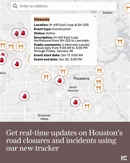 The Houston Chronicle is tracking road closures, obstructions and crashes in real time to help you navigate Houston's roads safely. bit.ly/4sZhi25 | Houston Chronicle