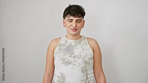 Funny-faced young man, puffed cheeks bulging with air, making a hilarious, crazy expression. wearing a sleeveless t-shirt, standing against an isolated white background.