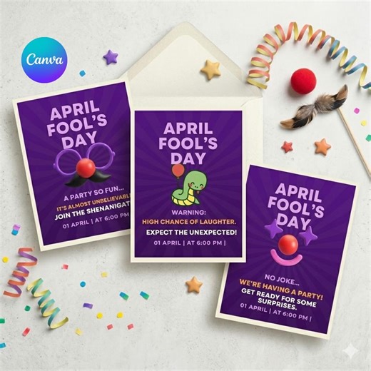 April Fools' Day Invitation & Funny Greeting Cards Bundle | Editable Purple Party Flyer | Kids Classroom Prank Card | Digital Download - Etsy