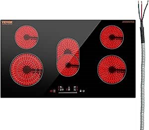 VEVOR Electric Cooktop, 36 inch 5 Burners Built-in Electric Stove Top, 8600W Ceramic Top Radiant Cooktop with Glass Panel, Touch Control, Timer, Child Lock, 9 Heat Level, 220-240V, Hard Wire (No Plug)