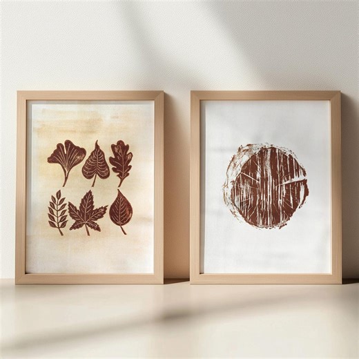 Forestcore Tree Ring Leaves Linocut Print Gallery Wall Set 2 Wood Slice Original Artwork Staircase Art English Cottage Decor New Home Gift - Etsy