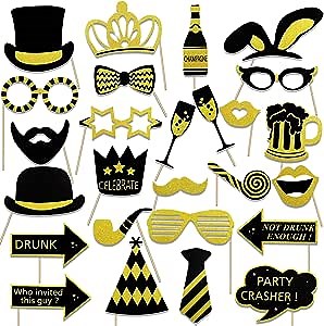 Konsait Photo Booth Props, Funny Wedding Photo Booth Props 26Pack, Black and Gold Party Photo Booth Props for Family Class Bridal Shower Bachelorette Party and More