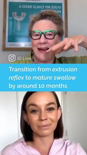 From tongue-pushing to smooth swallowing, Dr Mary explains the transition from the extrusion reflex to a mature swallow pattern by around 10 months. Comment ✨CHEW✨ to access your guide to Why Children MUST Chew Watch the full episode “The Key Oral Milestones Between 0-2” on Youtube, link in bio 🔗 | Myo Munchee