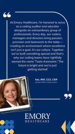 Life At Emory Healthcare on Instagram: "Meet Kay, our inpatient DRG coding auditor at Emory Healthcare, whose work helps ensure accuracy, integrity and excellence across our coding teams. She shares that the passion, precision and teamwork she experiences every day are what make “Team Awesome” truly live up to its name! Want to join Team Awesome? Learn more and apply at the link in our bio today! #LifeatEHC #EmoryTeam #EmoryCareers #EmoryHealthcare #CodingAuditor #Coder #InpatientDRGCodingAudito