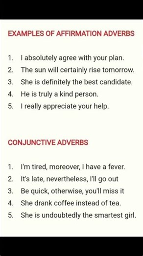 # English grammar # affirmation and conjunctive adverbs # examples