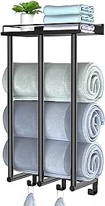 Towel Racks for Bathroom Wall Mounted, 3 Bars Metal Towel Holder with Top Shelf and 3 Hooks, Black Bath Towel Storage for Small Bathroom Organizer Decor or RV Camping