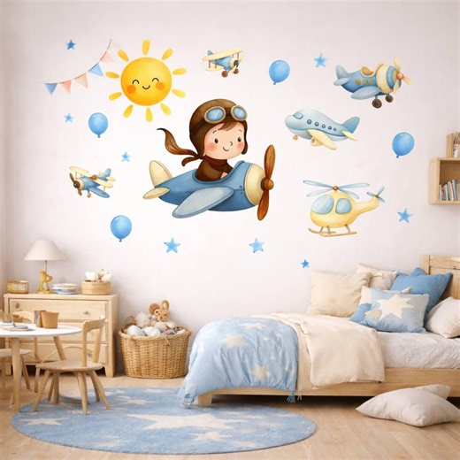 Adventure Boy Wall Stickers, Airplane Nursery Wall Decals, Pilot & Clouds Kids Room Decor - Etsy