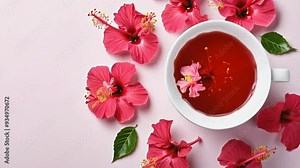 Hibiscus tea in a white cup and hibiscus flower on a light pink background. It is rich in antioxidants and can help reduce body weight.