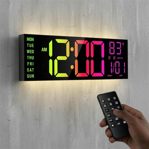 Large LED Digital Wall Clock, RGB Display, Remote Control, Temperature, Dual Alarm - Etsy