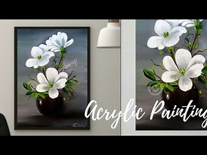 acrylic painting beautiful and easy WHITE flower painting on Canvas | flower vase painting