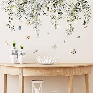 Runtoo Green Plant Leaves Wall Decals Hanging Vine Flower Leaf Wall Stickers for Bedroom Living Room Wall Art Decor