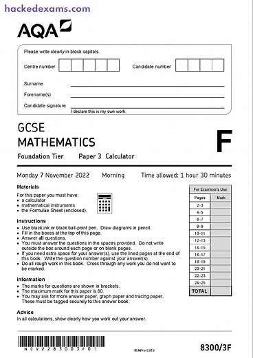 AQA GCSE MATHEMATICS PAPER 3 NOVEMBER 2022 QUESTION PAPER (8300/3F: Foundation, Calculator)#hackedexams