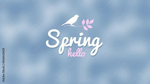 Hello Spring with bird and spring leaves on blue sky, motion holidays, promo and spring style background