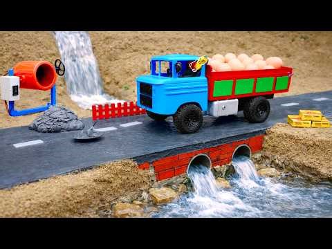 DIY Mini Truck Builds Brick & Metal Railing Bridge | Fun Construction Science Project