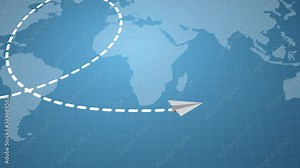 Paper airplanes flying over a sky with clouds and takeoff. Stop motion animation. 4k.paper plane flies on a world map background. Motion graphics