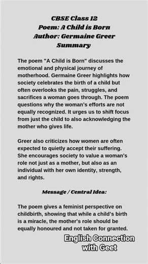 A Child is Born Summary | Germaine Greer | Class 12 English CBSE Flamingo | Germaine Greer feminist