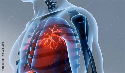 High-quality medical 3D animation showing the human respiratory system including lungs, trachea, and bronchial tubes inside a semi-transparent human body. Red highlighted airways represent airflow