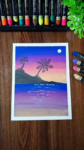 ​How to Draw Tropical Beach Sunset with Oil Pastels 🌅🌴 | Twilight Sky Art #shorts