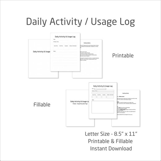 Daily Activity and Usage Log | Printable and Fillable PDF | Record Keeping Documentation Form - Etsy