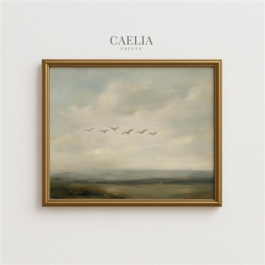 Vintage Flying Birds Painting, Moody Landscape Painting, Minimalist Wall Art, Digital Download - Etsy