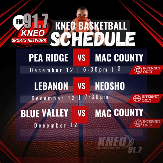 Here's a peak at this week's basketball broadcasts from the KNEO Sports Network... We will try to cover Webb City's and McDonald County's games in the Carthage Invitational (Dec. 11-12) and Mustang Classic (Dec. 11-13), but we don't know all of the times for those games yet. | KNEO Radio