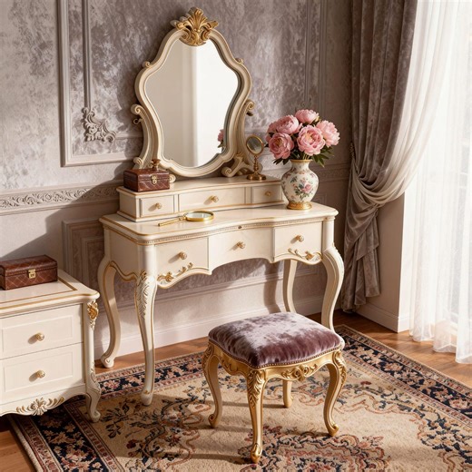 French Vanity Table Set With Mirror and Stool – Cream White Gold Accent Bedroom Furniture - Etsy