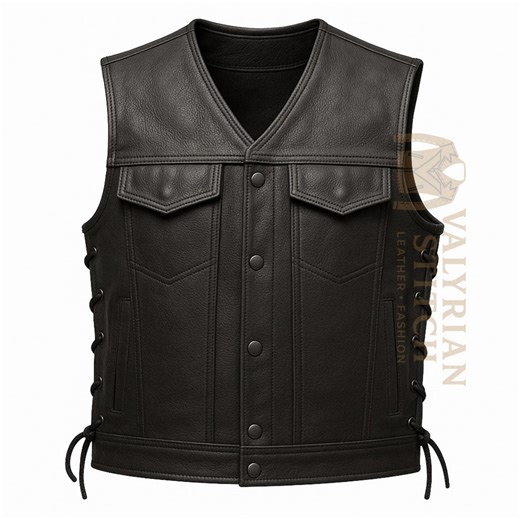 Men’s Black Leather Motorcycle Vest | Cowhide Biker Vest With Snap Front & Side Lacing - Etsy