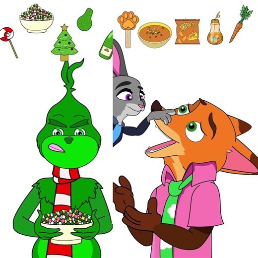 Green vs Orange GRINCH and Judy & Nick MUKBANG (Grinch VS Zootopia)