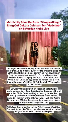 Lily Allen performed the song "Sleepwalking," and invited Dakota Johnson to join her.