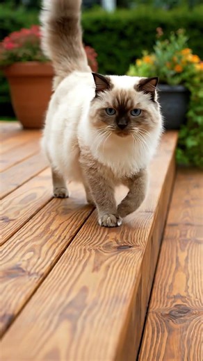Birman cat walks the deck edge with those blue eyes 🐱💙
