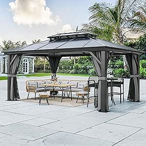 YITAHOME 12x16FT Hard-Top Gazebo Double Roof Canopy Outdoor with Netting and Shaded Curtains, Aluminum Frame Polycarbonate Hardtop Garden Tent for Patio, Backyard, Deck and Lawns, Grey