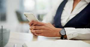 Hands, phone and business person typing email, networking or social media in office. Smartphone, scroll and professional broker on internet for communication, information or news notification on app