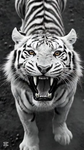 Live Wallpaper: White Tiger An intense aerial close-up of a white tiger, its face snarling upwards with glowing eyes piercing through a dark, smoky background. The monochrome palette enhances the intricate fur details, emphasizing its powerful jaw and the visible scar etched across its face. Captured from above, the unique perspective amplifies the predator’s raw strength and commanding presence. #ai #aiart #aicontent #wallpaper #livewallpaper