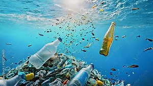 Plastic bottles and debris litter the ocean floor, a stark reminder of pollution.