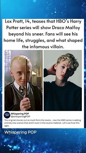 Lox Pratt, 14, teases that HBO's Harry Potter series will show Draco Malfoy beyond his sneer. Fans