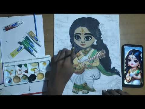Draw with me, Saraswathi davi drawing part 2😍