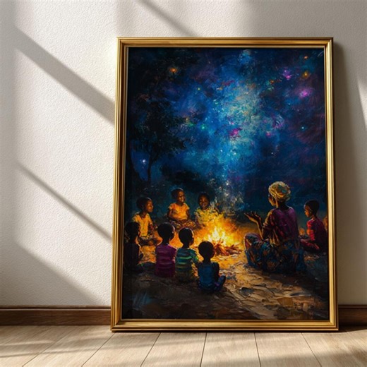 Rustic Folk Storytelling at Campfire - Cozy Night Scene With Children, African Cultural Theme, Vibrant Printable Wall Art Download 1 - Etsy