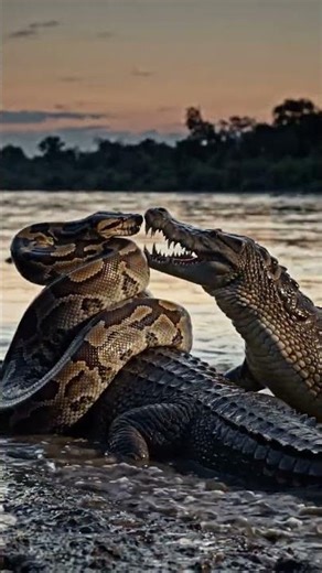 massive python coils around a crocodile at a riverbank at dusk, both thrashing in shallow water