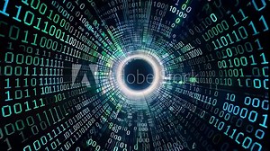 Camera is flying through a digital tunnel with binary code surrounding it. This concept illustrates cybersecurity, artificial intelligence, data transfer and cloud computing