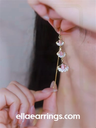 Delicate & Elegant Pink Fan-Shaped Tassel Threader Earrings #Earrings #jewelry
