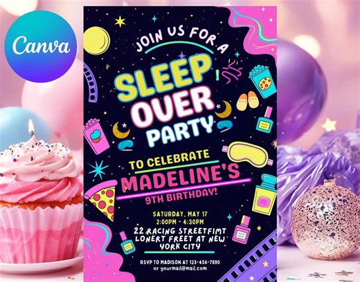 Sleepover Birthday Invitation, Slumber Party Birthday Invite, Pajama Party, Neon Sleepover Invitation, Canva Template - Etsy