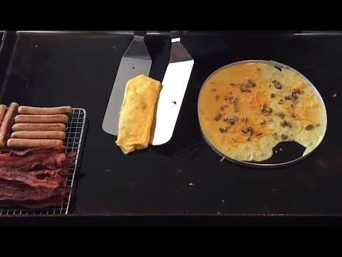 Breakfast on the Blackstone Griddle featuring Bacon Sausage Hash Browns Omelette
