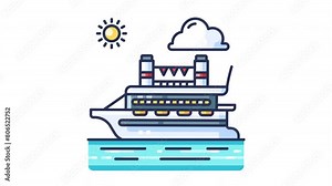 Animated cruise ship with sun background. Suitable for travel website, summer themed designs, vacation video, and maritime promotional materials. Ideal for tourism.