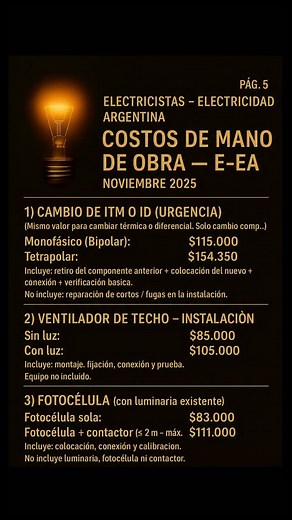 ⚡ PÁGINA 5 – VALORES DE URGENCIA E-EA ⚡ Cambio de ITM o ID • Ventilador de Techo • Fotocélula Colegas, acá dejamos los valores estimativos para trabajos rápidos / de urgencia, siempre considerando mano de obra profesional y resolución segura. Los precios no son definitivos. Si pensás que están muy altos, muy bajos o querés aportar tu experiencia comentá abajo 👇 Esto se hace entre todos. La idea es unificar criterios, no imponer nada. ✅ Cambio de ITM o ID (Bipolar o Tetrapolar) ✅ Colocación de V