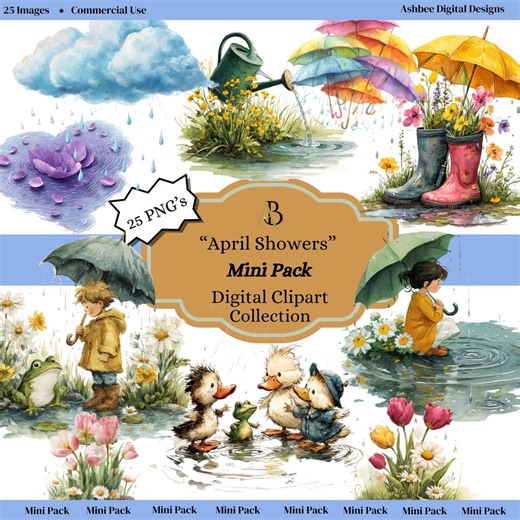 April Showers Mini Pack, Spring Rain Watercolor Clipart, Umbrella Rain Boots Kids Rain PNG, Planner Stickers, Cozy Rain Clipart - Etsy