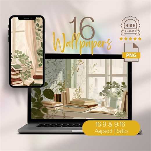 Soft Light Library Wallpapers Set Cozy Nook, Desktop Phone Book Lover Digital Backgrounds Download - Etsy