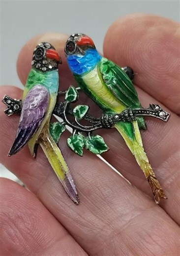 German Parrot Brooch in 800 Silver and Colored Enamel, Marcasite Eyes, Ruby Eyes, Collectible Brooch, Gift for Women - Etsy